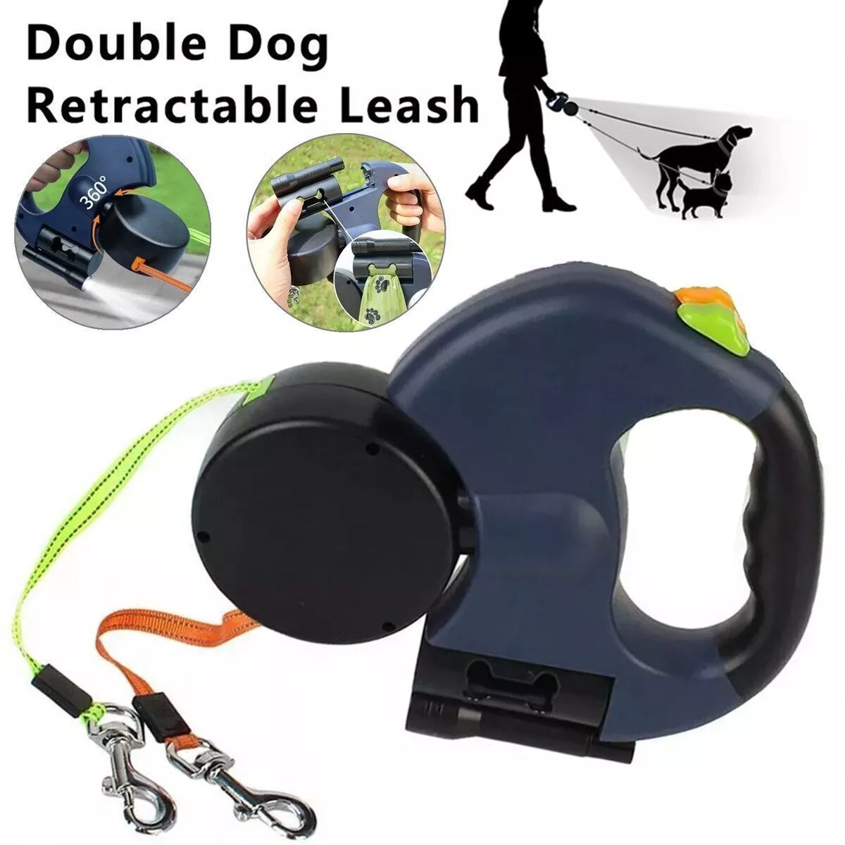 DuoWalk Pro — Double Retractable Dog Leash with LED Flashlight